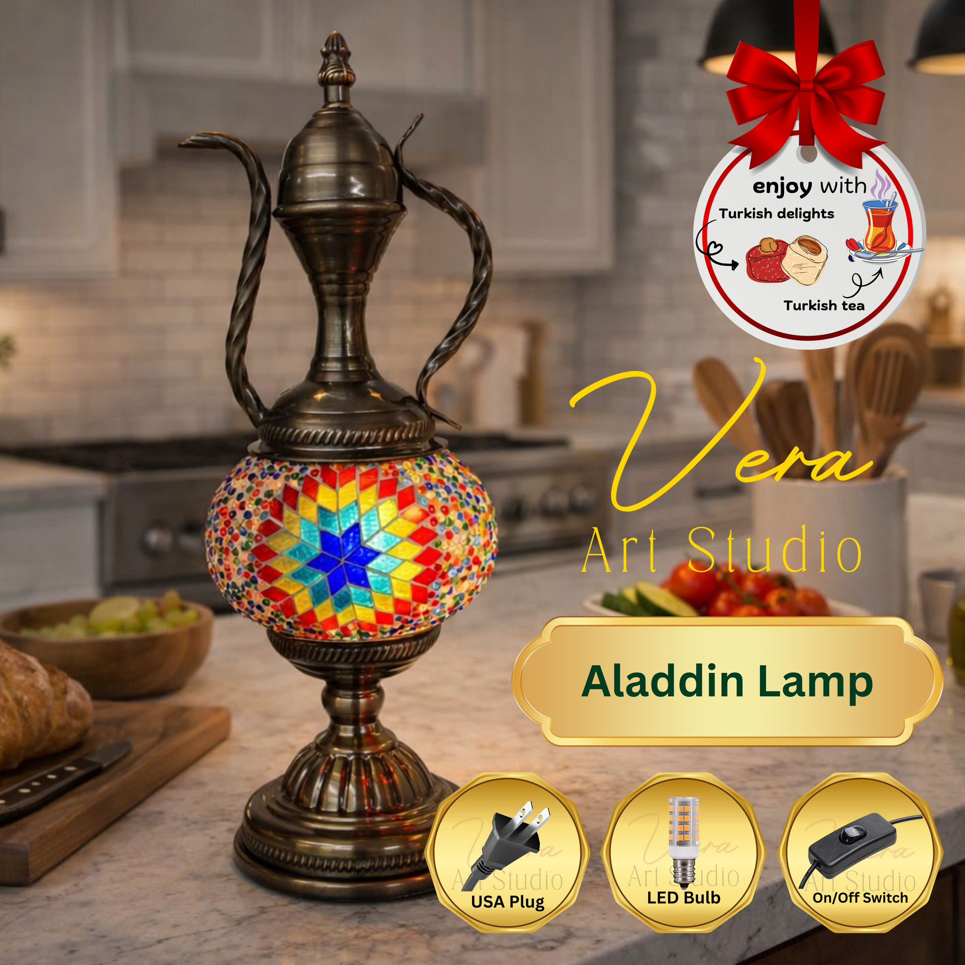 Mosaic_Lamp_Workshop: Decorative Aladdin lamp with colorful mosaic design on a kitchen counter, featuring Vera Art Studio branding.