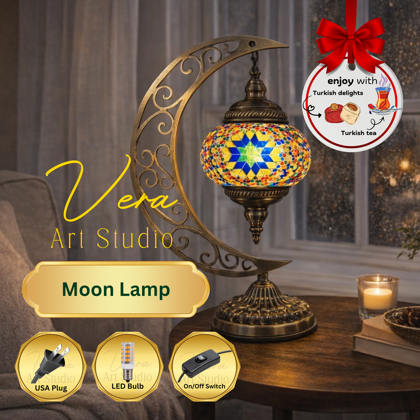 Mosaic Lamp Workshop Decorative moon lamp with colorful design on a table, featuring Vera Art Studio branding.