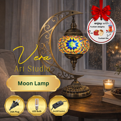 Mosaic Lamp Workshop Decorative moon lamp with colorful design on a table, featuring Vera Art Studio branding.