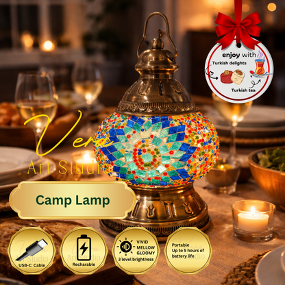 Mosaic Lamp Workshop Decorative camp lamp with mosaic design on a table setting, featuring Turkish delights icon.