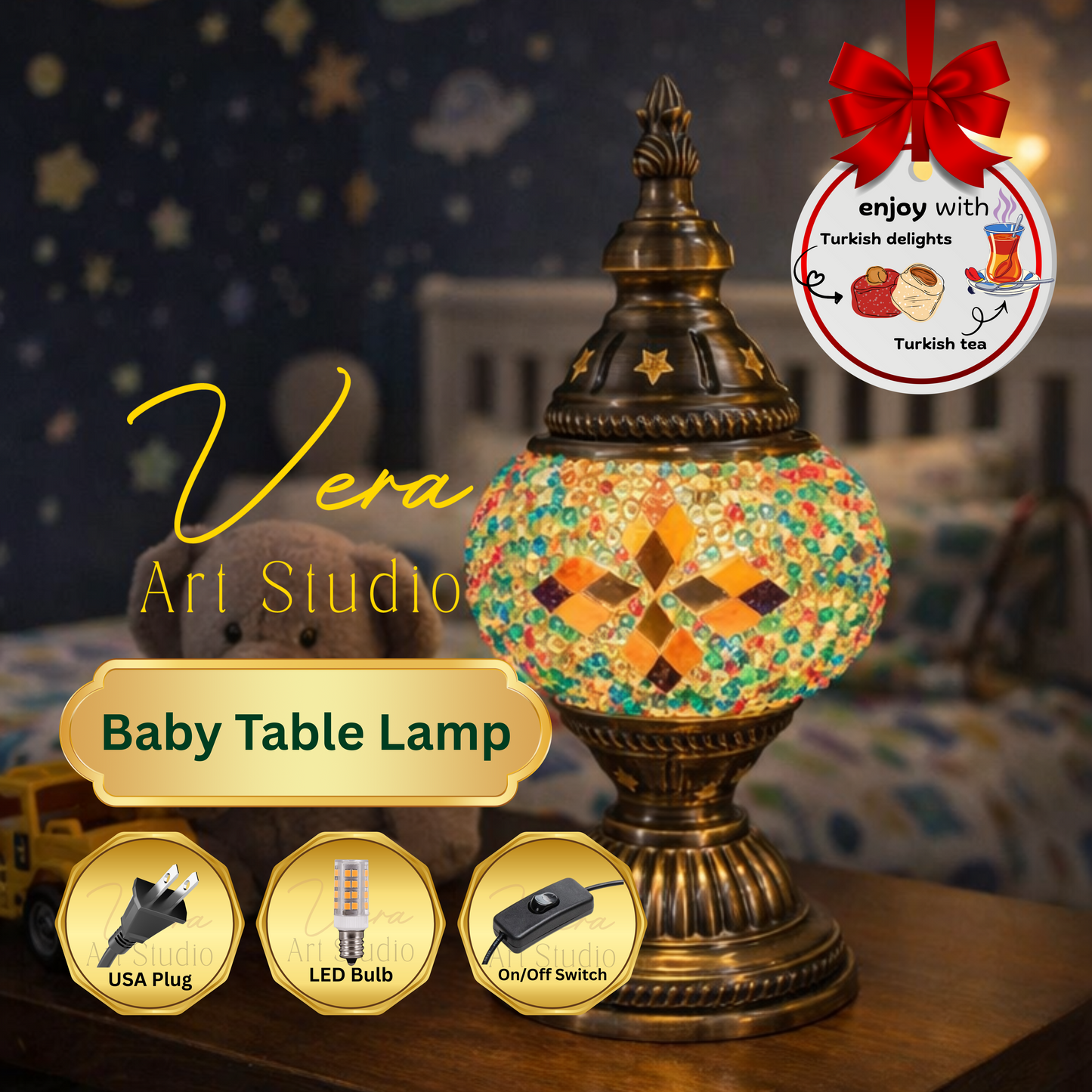 Decorative baby table lamp with mosaic design on a wooden surface, featuring Vera Art Studio branding.