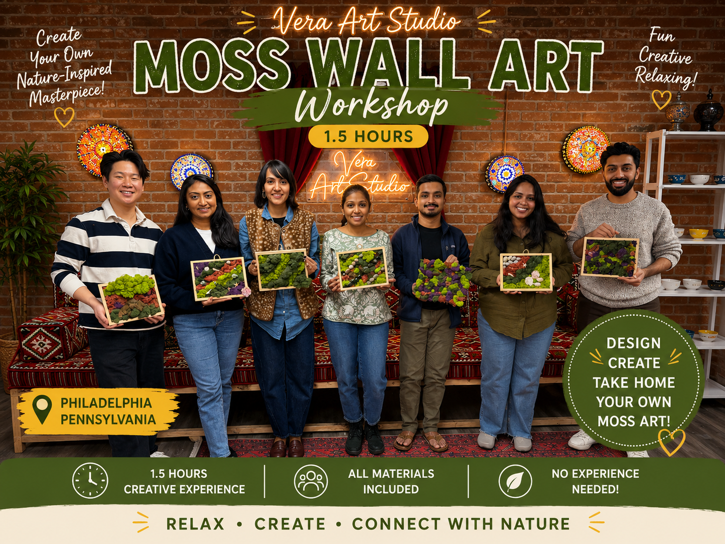 Promotional image for a Moss Wall Art Workshop at Vera Art Studio with participants holding framed moss art.