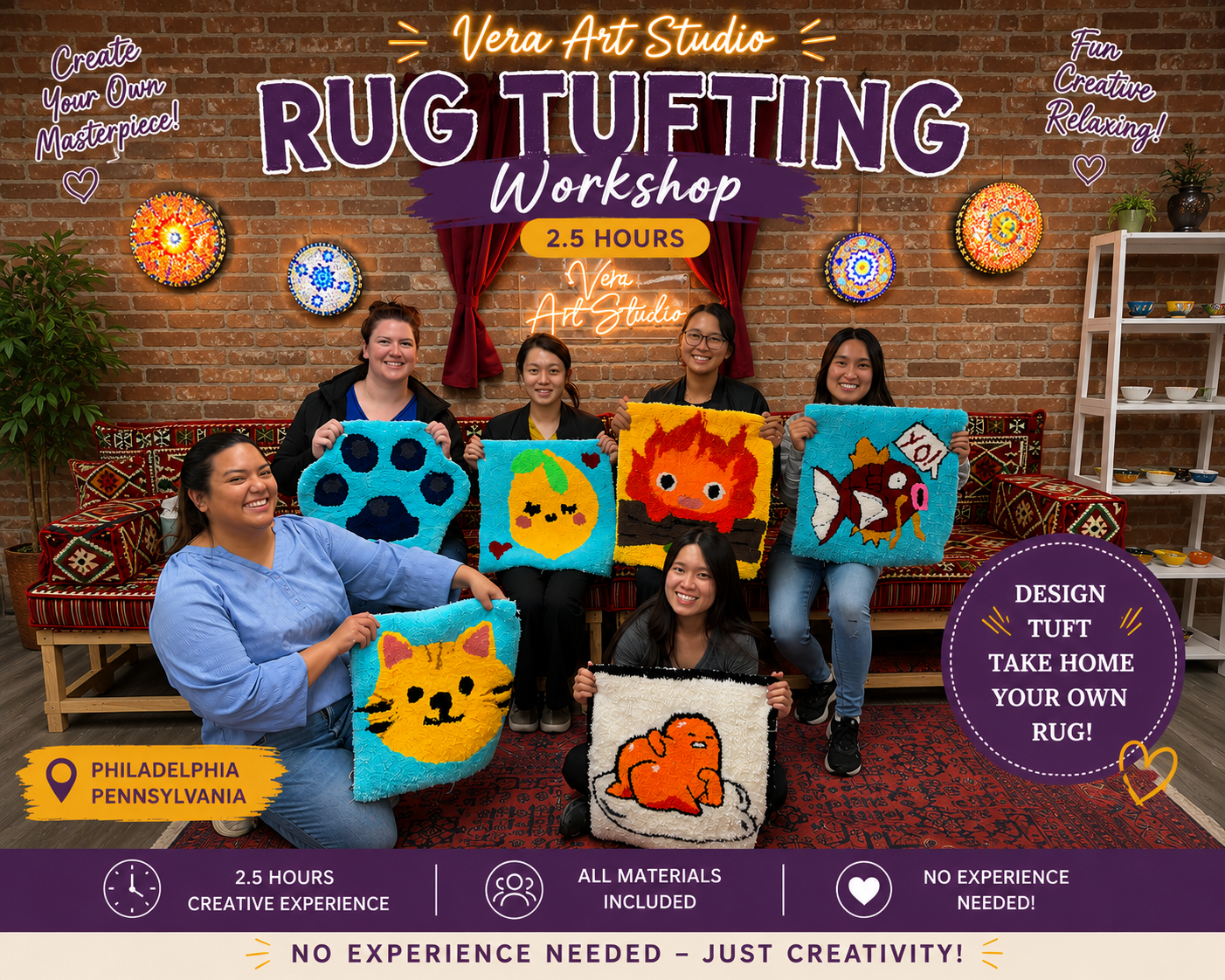 Promotional image for a rug tufting workshop at Vera Art Studio with participants holding their finished projects.