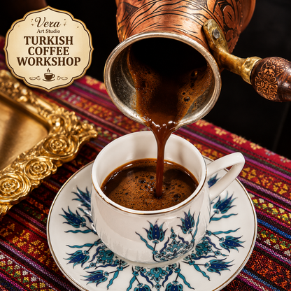 Turkish coffee being poured into a decorative cup with a traditional setting.